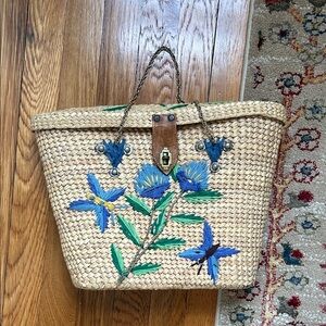 Vintage Embroidered Straw Tote Basket Bag